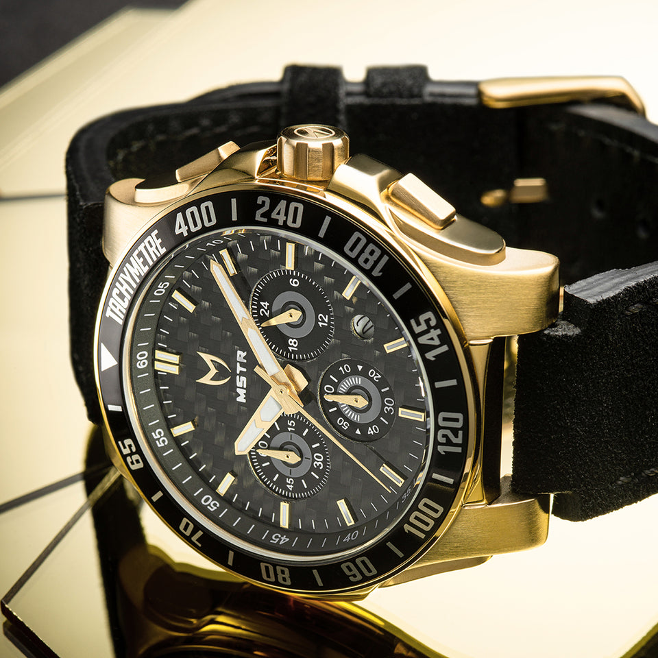 GT Watch : Gold Steel | Black Face | Leather Band (GT002LB 