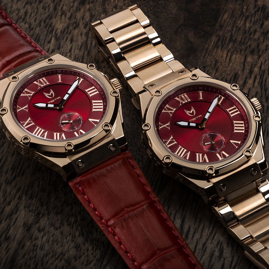 AU114CB- ULTRA ROSE GOLD  / RED / LEATHER BAND